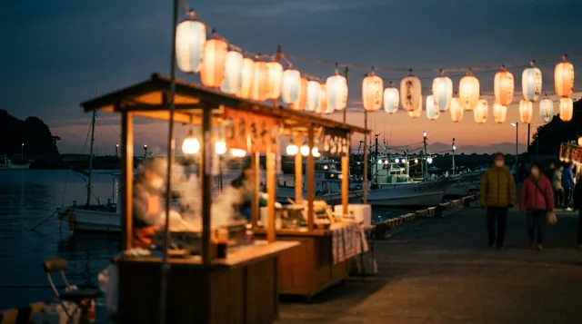 夕暮れの港まつり。提灯と屋台