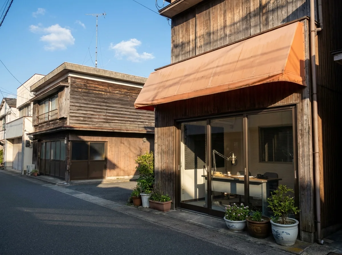 商店街に面した木造2階建ての局舎。オレンジのひさしと、ガラス張りのサテライトスタジオ