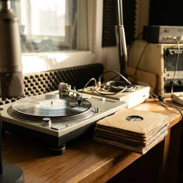 レコードプレーヤーと古いLPレコード