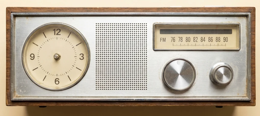 木のキャビネットの古いクロックラジオ。左に丸い時計、中央にスピーカー、右にFM 76〜90の目盛りと、大きな選局つまみ、小さな音量つまみ