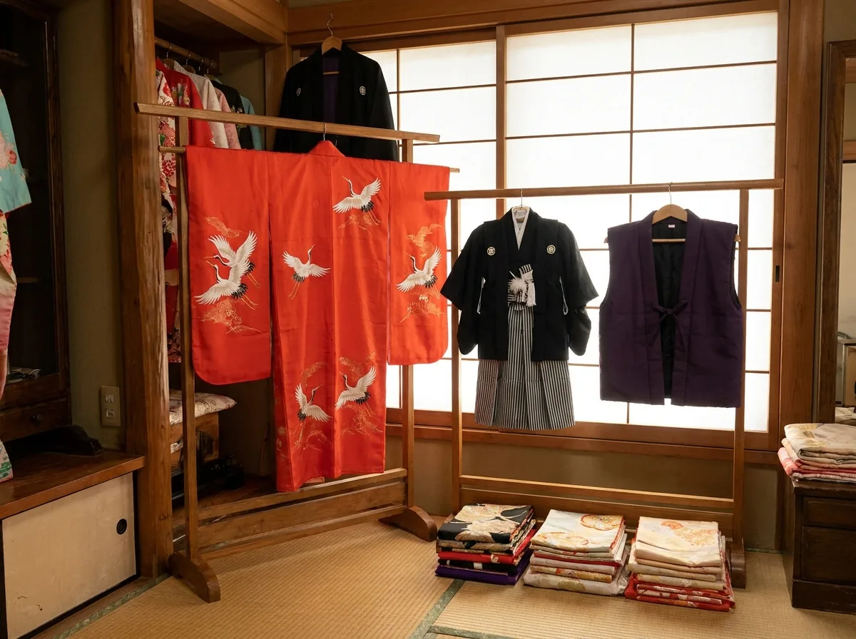衣装部屋の衣桁に掛かった、子どもの着物、朱赤の振袖、紋付袴、紫のちゃんちゃんこ