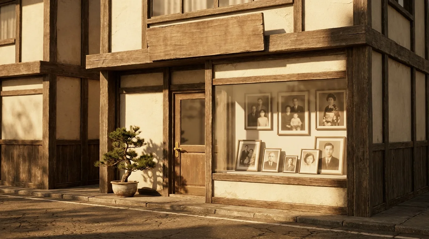 夕方の日差しが差し込む商店街の、古い写真館の外観。ショーウィンドウに家族写真が飾られている
