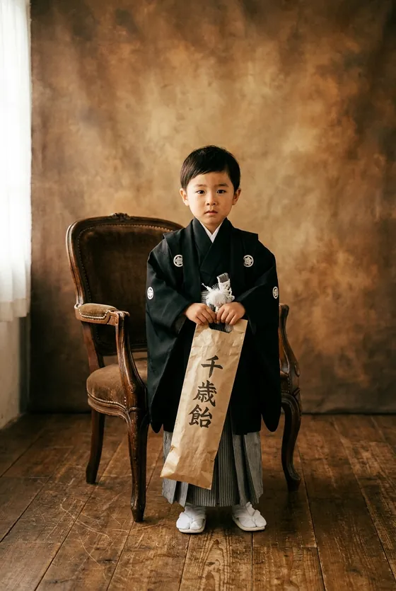 黒の紋付袴で千歳飴の袋を持つ五歳の男の子