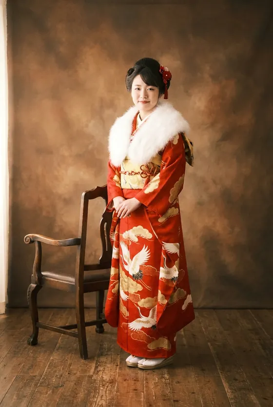 朱赤に鶴の振袖を着た二十歳の女性
