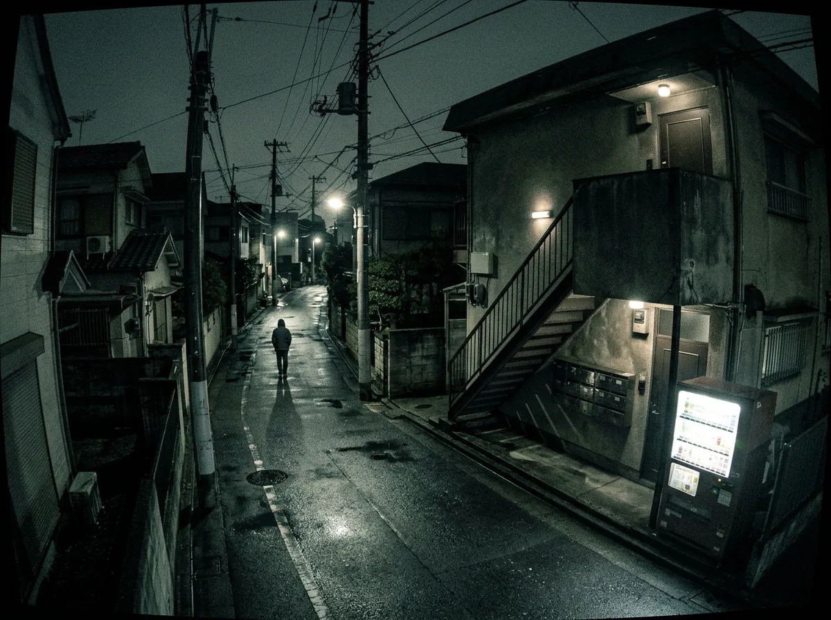 夜の住宅街の路地を、高い位置のカメラが映している。外階段のあるアパートと自動販売機