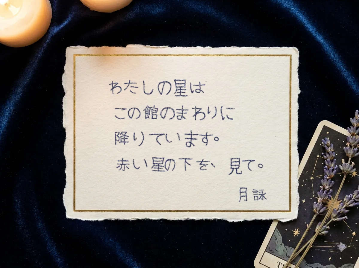 月詠の手書きのカード。「わたしの星は この館のまわりに 降りています。赤い星の下を 見て。月詠」