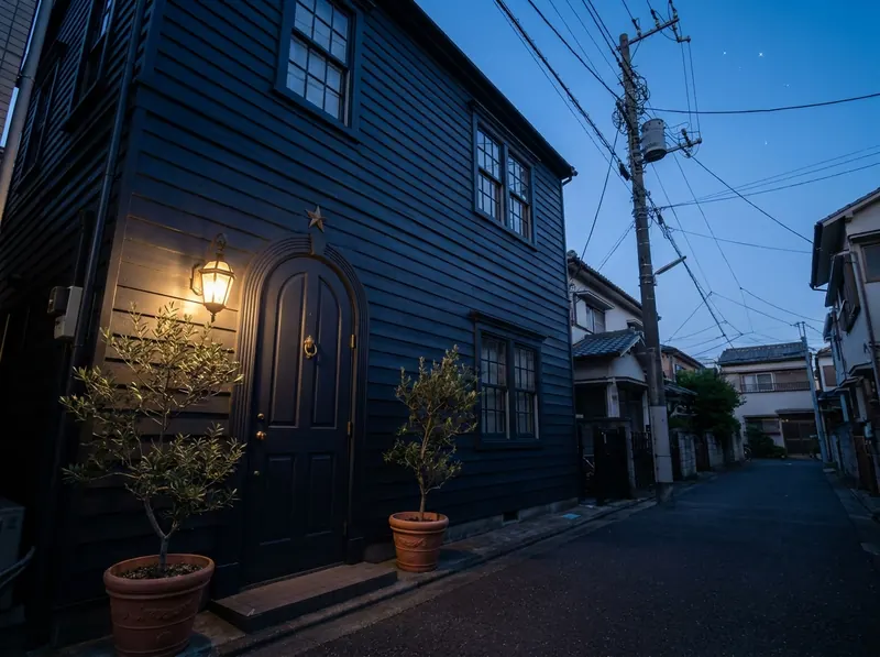 夜の星読みの館の外観。紺色の板張りの洋館に、ランタンの灯り