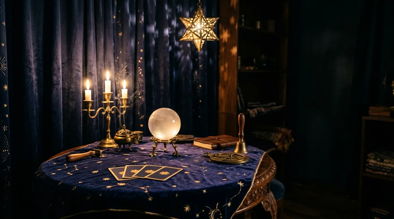 星読みの館の鑑定室。星の刺繍のある藍色のクロスに水晶玉とタロットカード、燭台の灯り