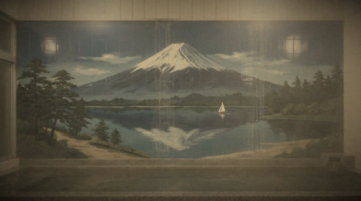 昭和37年に塗り直したペンキ絵。富士山と湖と松