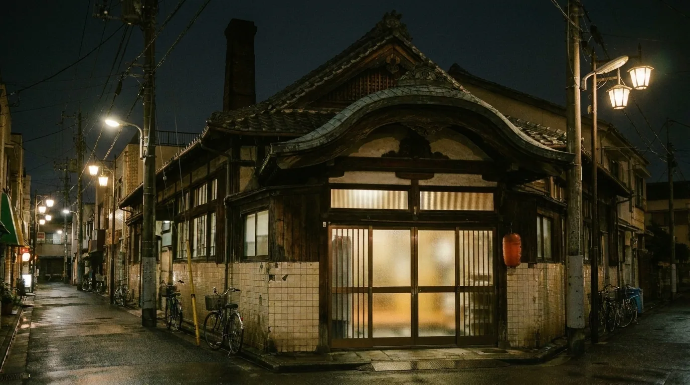 閉店後の松の湯。のれんはしまわれ、入口の明かりだけが残っている