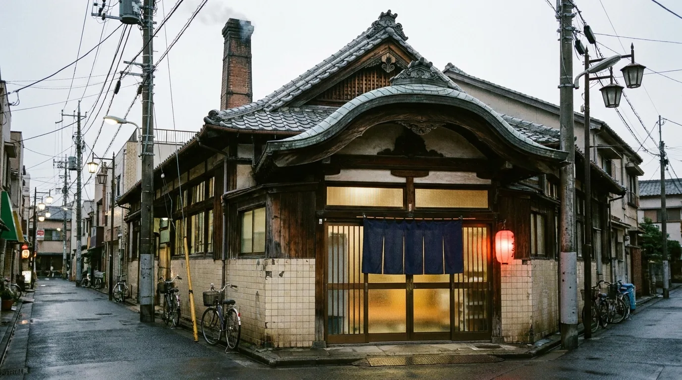 夕暮れの松の湯。唐破風の屋根とれんがの煙突、入口に紺ののれんと赤ちょうちん