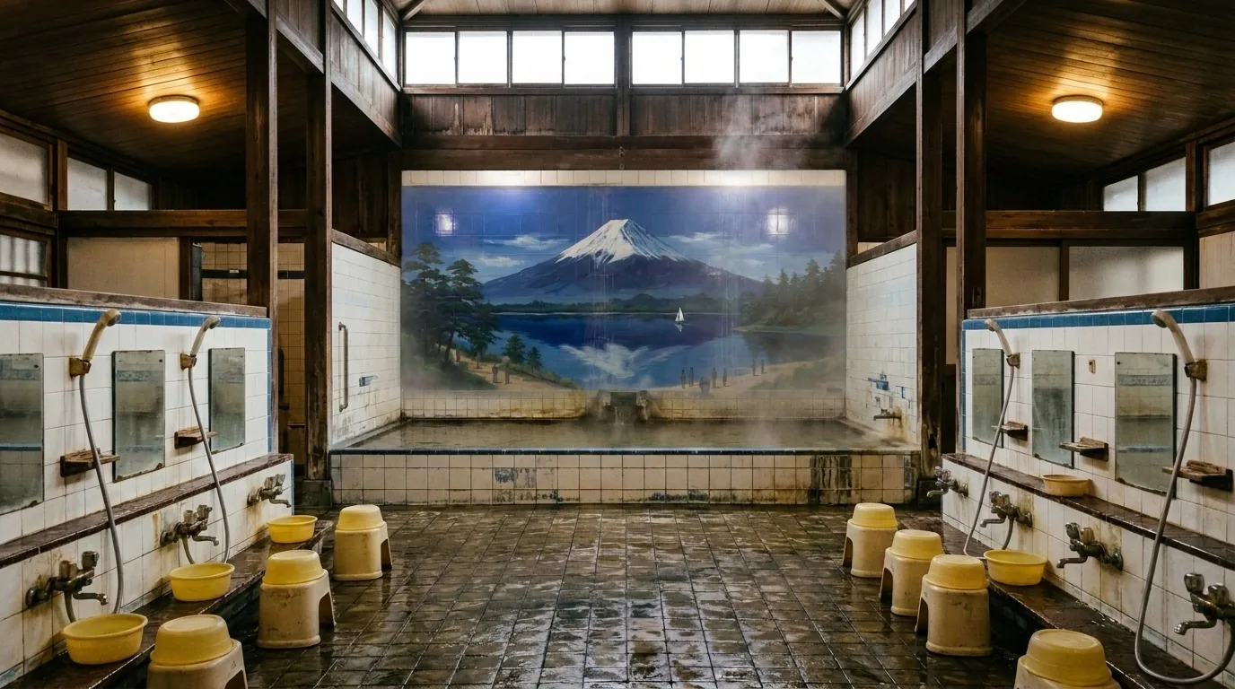 男湯の浴場。高い天井と天窓、両側にカランが並び、正面の浴槽の上に富士山のペンキ絵