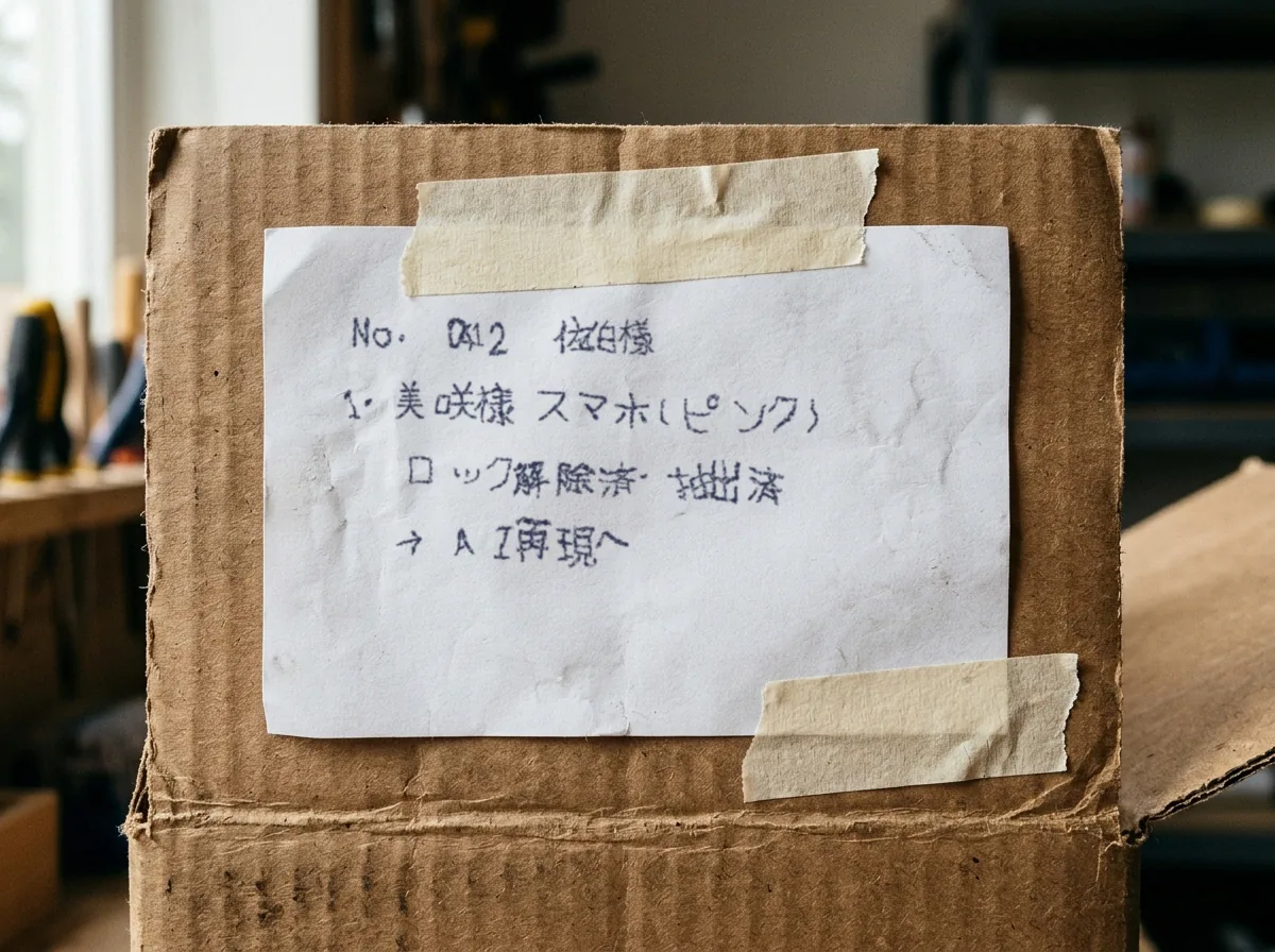 段ボールに貼られた手書きの整理票。「No.0412 佐伯様／1. 美咲様 スマホ（ピンク）／ロック解除済・抽出済／→ AI再現へ」