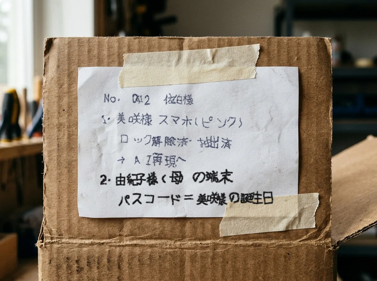 手書きの整理票。前の4行の下に、別のペンで「2. 由紀子様（母）の端末／パスコード＝美咲様の誕生日」と書き足されている