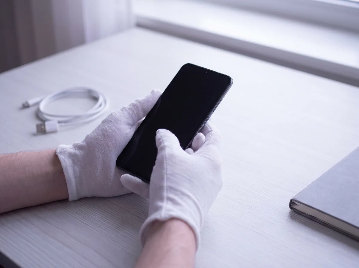 白い手袋をした手が、画面の消えたスマートフォンを持っている