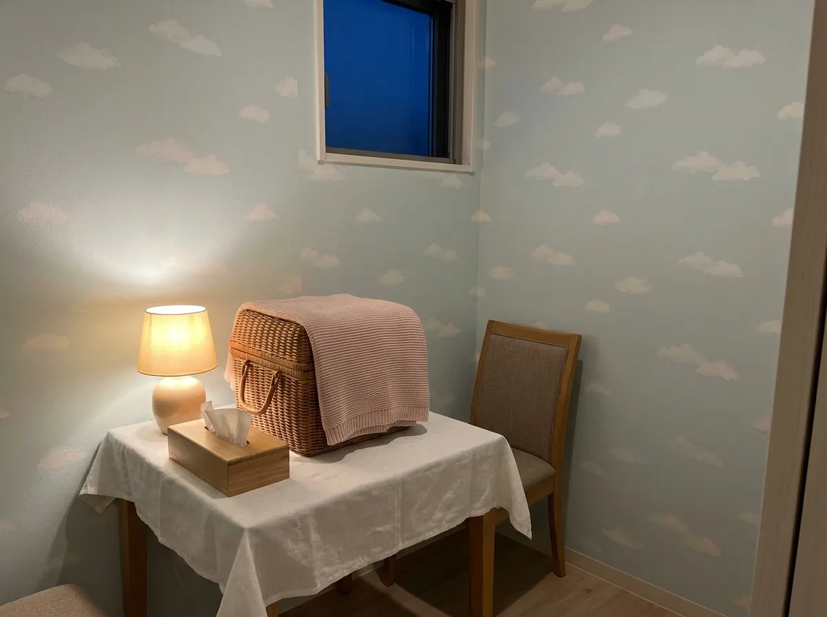 雲柄の壁紙の小部屋。白い布をかけた机の上に、ピンクの毛布をかけた籐のキャリーバッグが置かれている