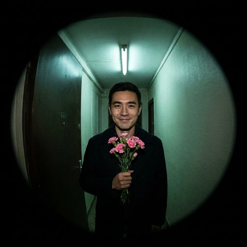ドアスコープの向こうの廊下に、花束を持った男が立って、こちらをのぞきこんでいる