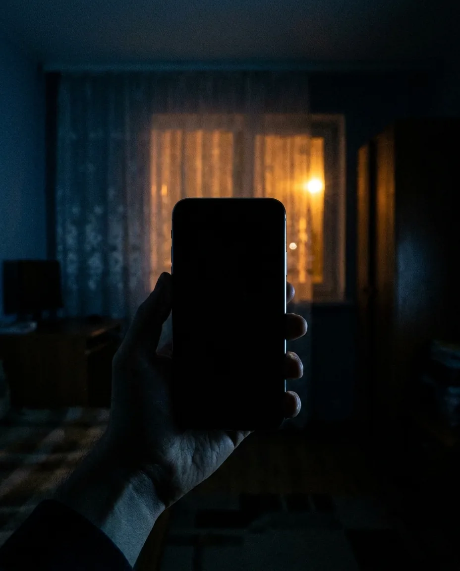 夜の暗い部屋でスマートフォンを持つ手