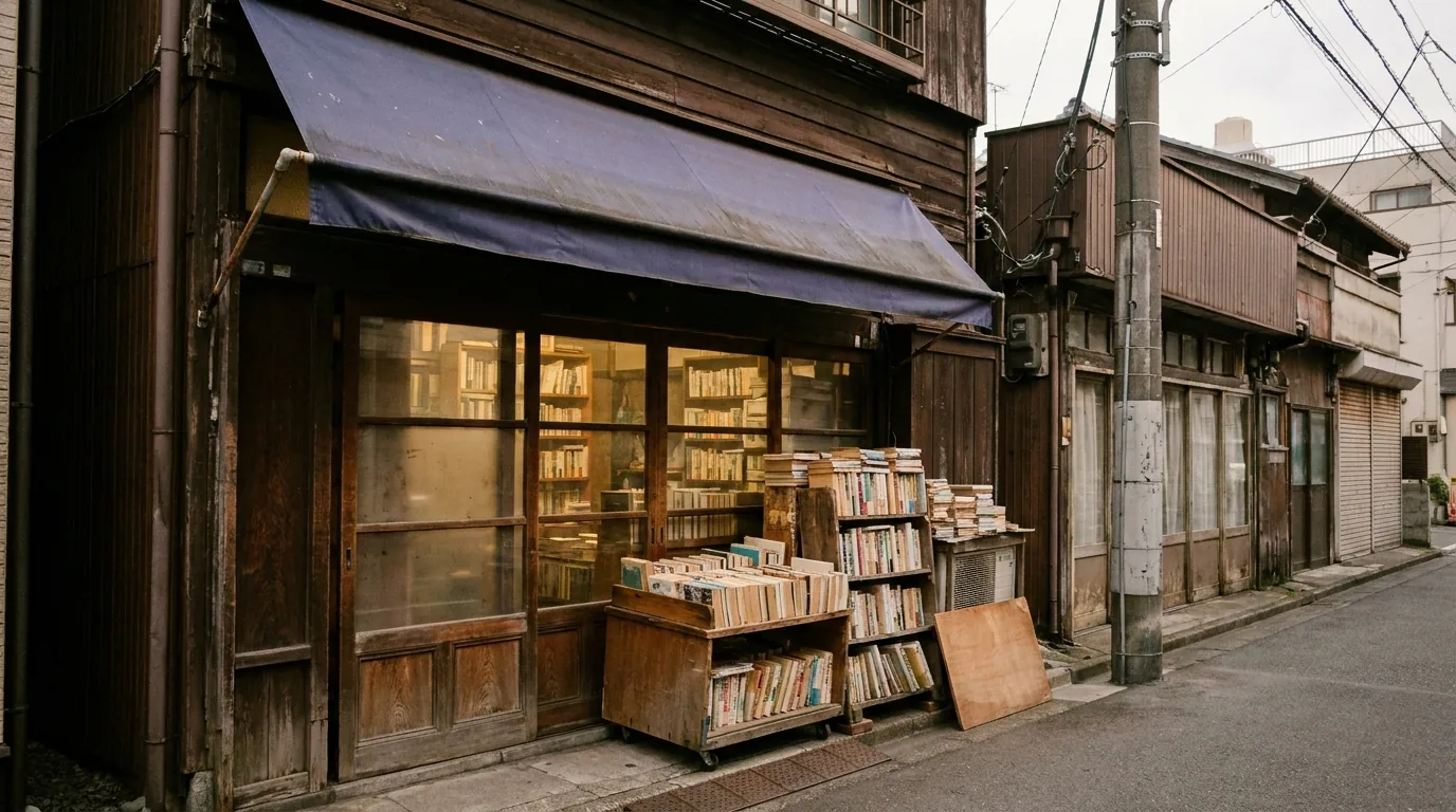 すずらん通り裏の、木造二階建ての小さな古書店。店先に均一棚と台車