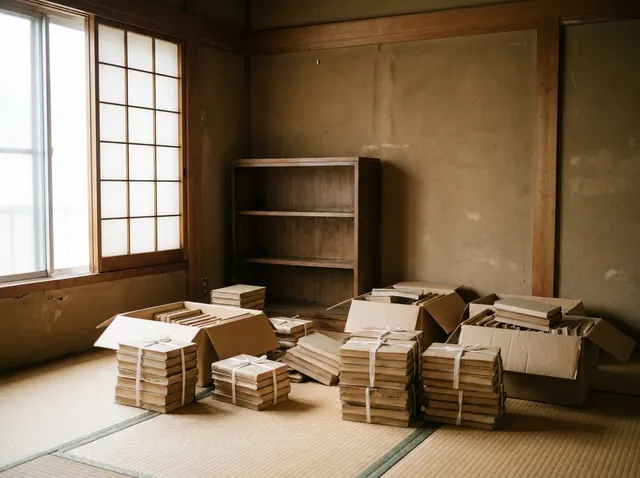 紐で束ねた古書と段ボール箱が並ぶ和室