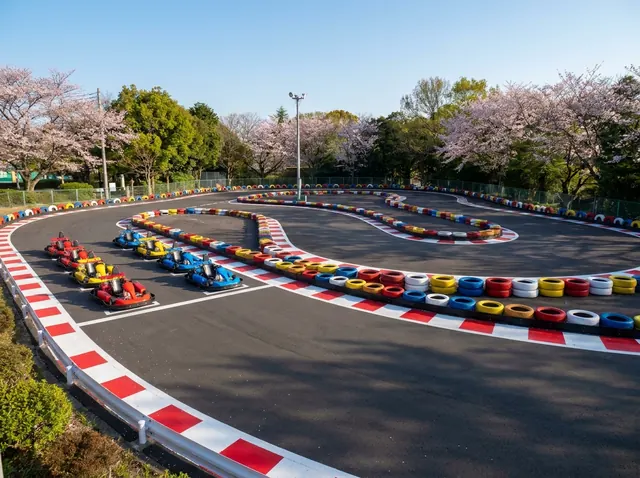 赤白の縁石のゴーカートコースと小さなカート