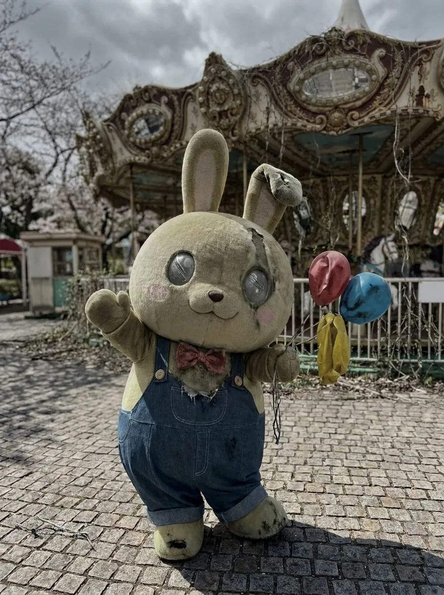 汚れて色のあせたワクピョンの着ぐるみ。片耳が折れ、風船はしぼんでいる